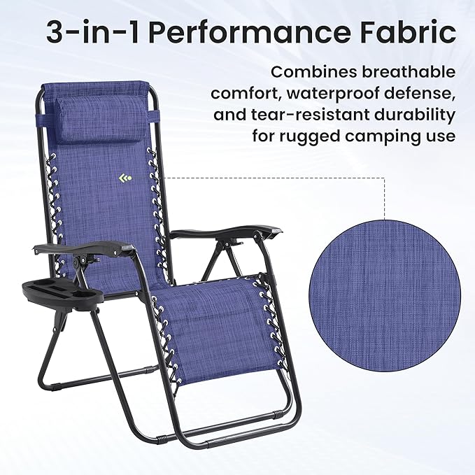 Zero Gravity Chair Set of 4 Oversized Folding Recliner, Padded Anti Gravity Lounge Chair with Adjustable Pillow & Cup Holder for Outdoor Camping, Patio, Poolside, Lawn (Blue)