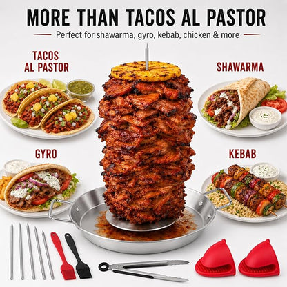 Al Pastor Skewer for Grill, 13 Inch Stainless Steel Vertical Skewer Pan with 5 Spikes, Grease Separator Tray, Tongs, Gloves & Basting Brushes, Shawarma Gyro Kebab Stand for Oven Smoker BBQ