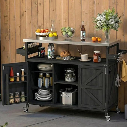 50.25" W Black Grill Cart with Stainless Steel Tabletop - Outdoor Storage Cabinet for BBQ, Bar Patio Kitchen Island with Ample Storage and Lockable Wheels