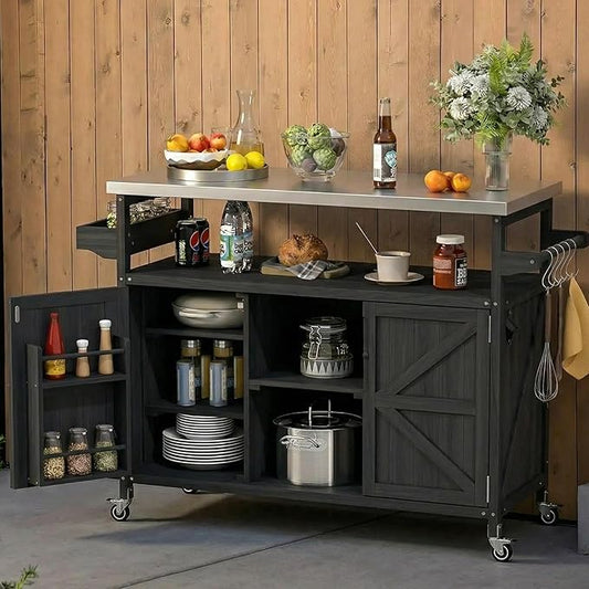 50.25" W Black Grill Cart with Stainless Steel Tabletop - Outdoor Storage Cabinet for BBQ, Bar Patio Kitchen Island with Ample Storage and Lockable Wheels