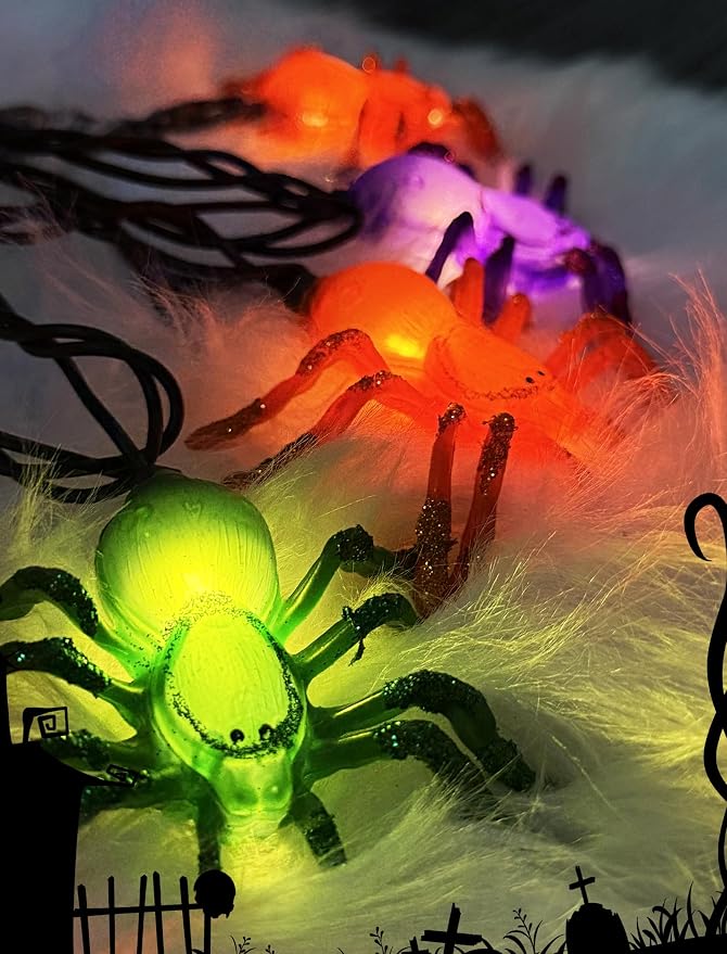 Halloween Spider String Lights Outdoor, 8.5Ft Halloween Decorations Lights with 10 LED Orange Green Purple Spider Lights, Hanging Multicolor Spider Light for Indoor Window Patio Curtain Holiday Decor