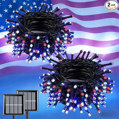QITONG Red White and Blue Solar String Lights, 2 Pack Each 66ft 200 LED 4th of July Lights Outdoor Waterproof, 8 Modes Green Wire Patriotic Led Lights for Independence Memorial Day Decor