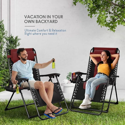 Nestl Padded Oversized Zero Gravity Chair, XL Folding Outdoor Lounge Chair | Adjustable Headrest, Cup Holder & Side Tray, Support 330 LBS, Reclining & Foldable, For Patio Beach & Camping, Black/Burgundy