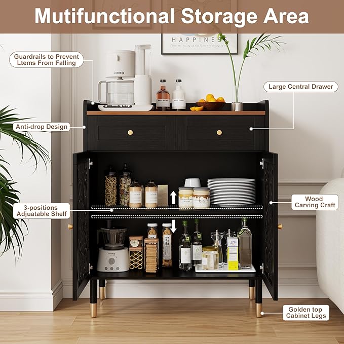 3More Sideboard Buffet Cabinet with Retro Carving Pattern Set of 2, Kitchen Pantry Storage Cabinet with 1 Drawer & 2 Doors, Coffee Bar for Living Room, Kitchen, Dining Room, Black