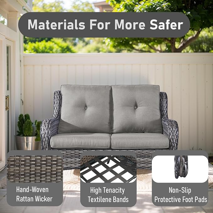 Outdoor Loveseat Sofa - 3 Piece Patio Furniture with Ottoman Deep Seating Patio Couch for Porch Deck Garden Backyard - Grey/Grey