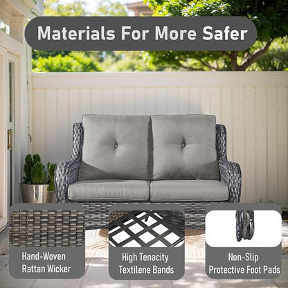 Outdoor Loveseat Sofa - 3 Piece Patio Furniture with Ottoman Deep Seating Patio Couch for Porch Deck Garden Backyard - Grey/Grey