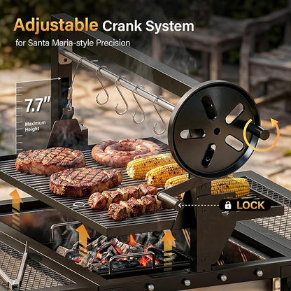 Sophia & William Argentine Santa Maria Wood Fire & Charcoal BBQ Grill with Adjustable Height Grates, Large Open Fire Grill for Outdoor Patio Backyard Gaucho Grilling