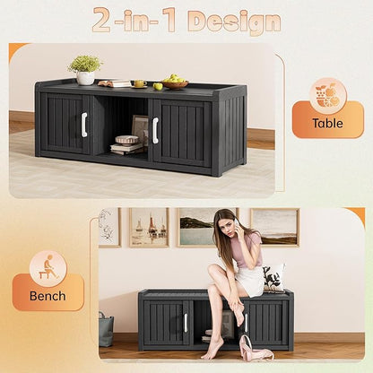 Bifanuo Shoe Storage Cabinet, 2-Door Outdoor Storage Bench with Adjustable Shelves, Waterproof UV-Resistant for Hallway, Living Room, Entryway, Large Capacity Modern Organizer (Black)