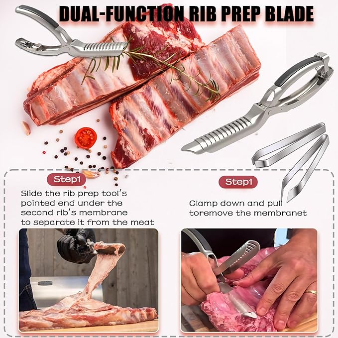 2Pcs Rib Membrane Removal Tools, Rib Prep Tool, Stainless Steel BBQ Rib Skinner with 2Pcs Tweezers Pliers and Gloves, for Easy Rib Skinner, Kitchen Gadgets for Barbecue Enthusiasts & Chefs