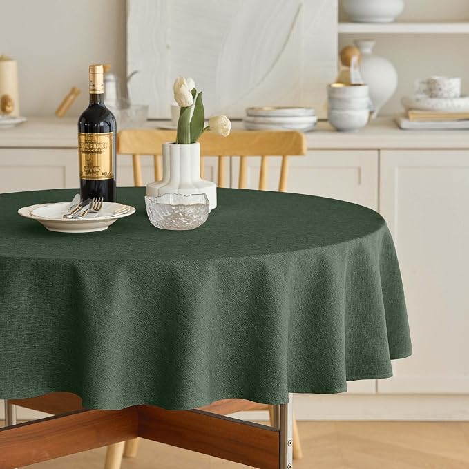 Decorelia Waterproof Round Tablecloth for Round Dining Table, Decorative Rustic Wipeable Table Cloths Cover Indoor Outdoor Use for Holiday,Wedding, Kitchen (70 Inch,Round (4-6 Seats),Dark Green)
