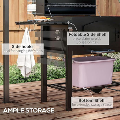 GOWE Charcoal Grill, BBQ with Adjustable Height, Portable Barbecue with Folding Shelves, Thermometer, Bottle Opener & Wheels for Outdoor Camping, Picnic, Patio, Backyard, Black