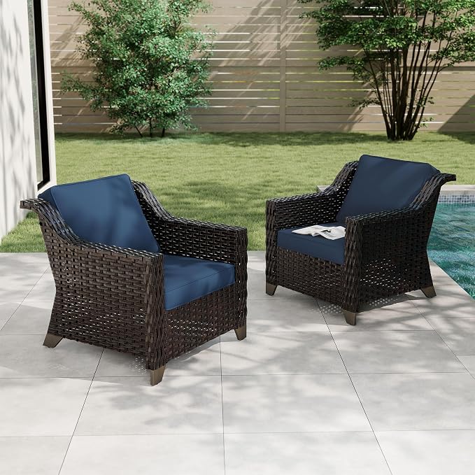 2 Piece Patio Furniture Set, Wicker Outdoor Conversation Set | Patio Chair Set with Olefin Removable Cushion, All-Weather Armchairs with Deep Seat for Porch, Deck and Backyard, Blue