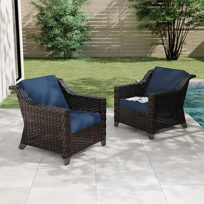 2 Piece Patio Furniture Set, Wicker Outdoor Conversation Set | Patio Chair Set with Olefin Removable Cushion, All-Weather Armchairs with Deep Seat for Porch, Deck and Backyard, Blue