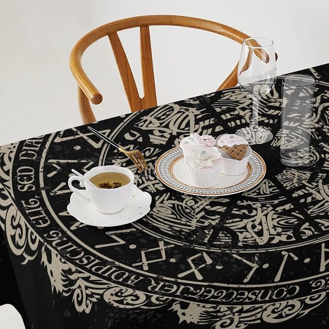 Vintage Viking Pattern Tablecloth, Viking Ancient Runic Helmet of Awe Celtic Dragon Table Cloth Water Resistant Wipeable Table Cover for Farmhouse Party Holiday Kitchen Dinner Table 55x55"