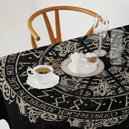 Vintage Viking Pattern Tablecloth, Viking Ancient Runic Helmet of Awe Celtic Dragon Table Cloth Water Resistant Wipeable Table Cover for Farmhouse Party Holiday Kitchen Dinner Table 55x55"