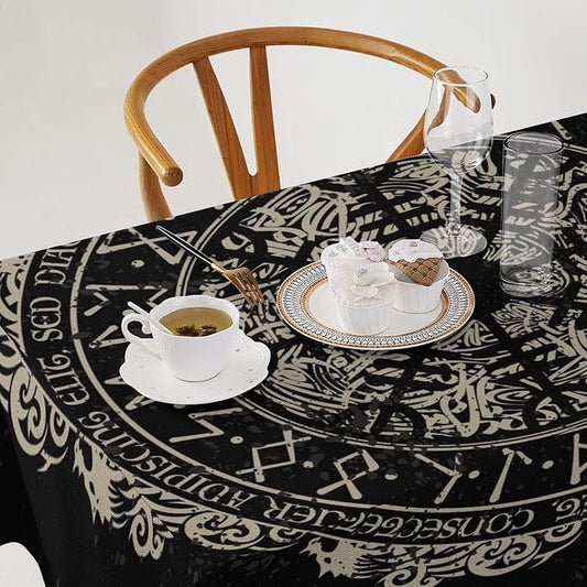 Vintage Viking Pattern Tablecloth, Viking Ancient Runic Helmet of Awe Celtic Dragon Table Cloth Water Resistant Wipeable Table Cover for Farmhouse Party Holiday Kitchen Dinner Table 55x55"