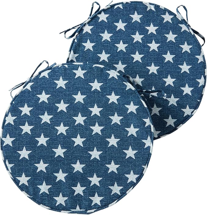 Set of 2 Outdoor 18 inch Round Patio Dining Chair Pads – Comfortable Fiber-Filled Seat Cushions with Ties, Reversible Polyester Fabric - Stars