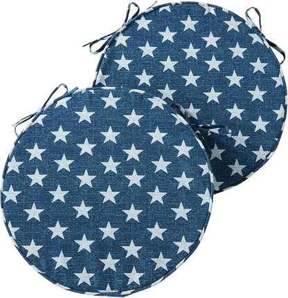 Set of 2 Outdoor 18 inch Round Patio Dining Chair Pads – Comfortable Fiber-Filled Seat Cushions with Ties, Reversible Polyester Fabric - Stars