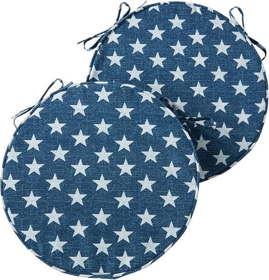 Set of 2 Outdoor 18 inch Round Patio Dining Chair Pads – Comfortable Fiber-Filled Seat Cushions with Ties, Reversible Polyester Fabric - Stars