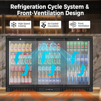 Back Bar Cooler with 3 Glass Door, 11.2 Cu.Ft Commercial Beverage Fridge, Under Counter Display Refrigerator with Safety Lock for Beer, Soda, Wine, Built-In/Freestanding for Bar Store Restaurant
