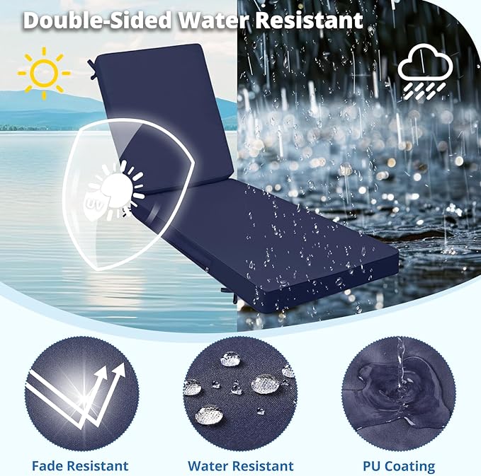 Fabuday Chaise Lounge Chair Cushions for Outdoor Furniture - 72 x 21 x 3 Inch Waterproof Patio Pool Sunbrella Lounger Pads Replacement with Removable Cover, Navy, Set of 2