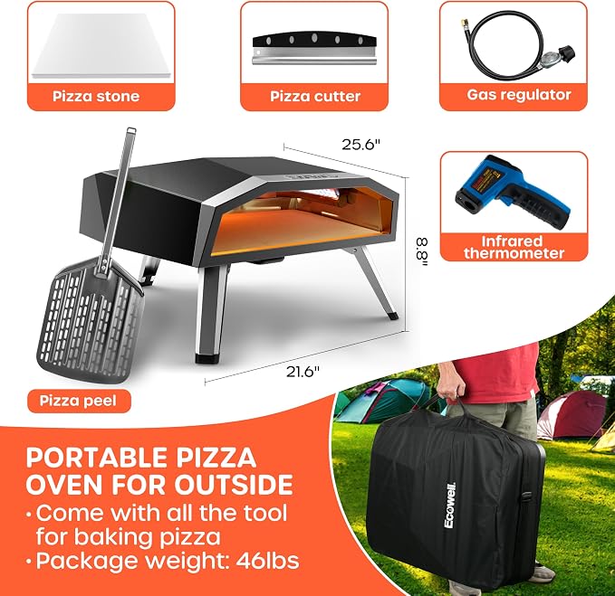 ECOWELL 16 Inch Gas Pizza Oven Outdoor Propane, Large Portable Pizza Ovens | with Pizza Stone, Stainless Steel Outdoor Pizza Oven, for Backyard Party, Camping, Fast 10 Min Preheating, 27300 BTU