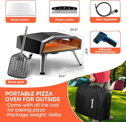 ECOWELL 16 Inch Gas Pizza Oven Outdoor Propane, Large Portable Pizza Ovens | with Pizza Stone, Stainless Steel Outdoor Pizza Oven, for Backyard Party, Camping, Fast 10 Min Preheating, 27300 BTU