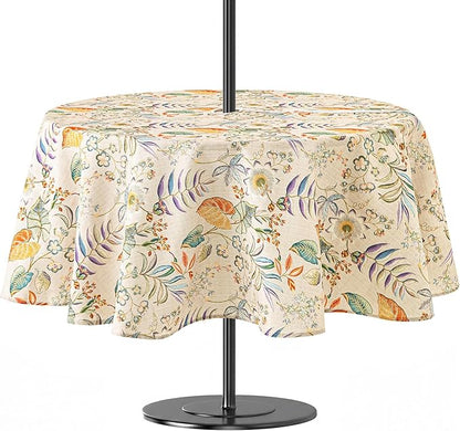 Lamberia 60" Round Patio Tablecloth with Umbrella Hole and Zipper, Waterproof Outdoor Table Cover for Patio, Backyard, BBQ, Picnic & Indoor Dining, Washable Polyester Circular Tablecloth