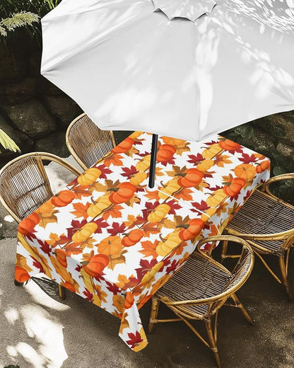 Fall Tablecloth with Umbrella Hole and Zipper Fall Leaves Pumpkin Rectangle Outdoor Tablecloths 60x120 Outside Table Cloths Autumn Harvest Patio Table Cover for Fall Thanksgiving Outdoor Picnic Garden