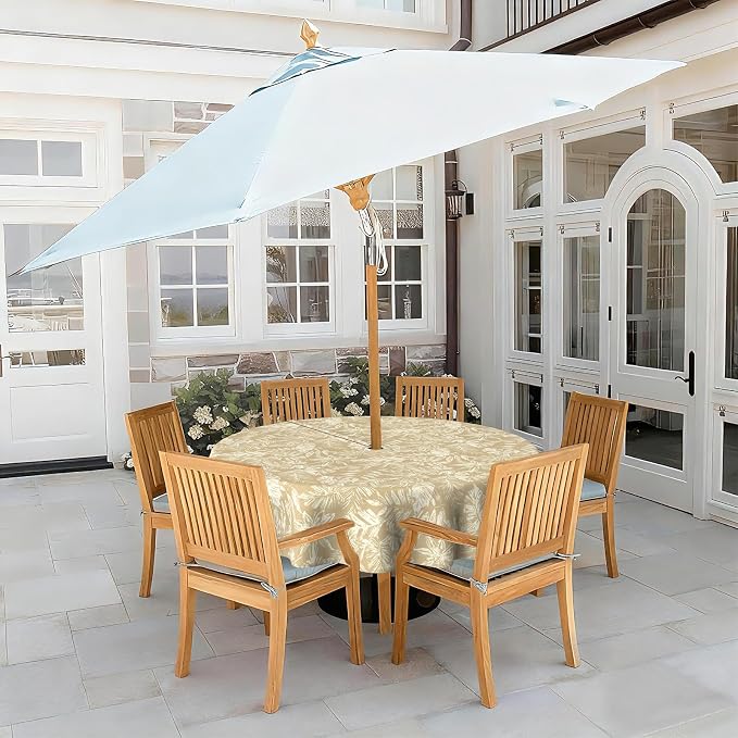LVTXIII Round Outdoor Tablecloth with Umbrella Hole and Zipper, Water-Repellent 60 Inch Patio Table Cover for Bistro, Garden, Patio & Picnic, Tropical Leaf Oat