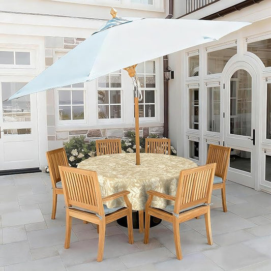 LVTXIII Round Outdoor Tablecloth with Umbrella Hole and Zipper, Water-Repellent 60 Inch Patio Table Cover for Bistro, Garden, Patio & Picnic, Tropical Leaf Oat
