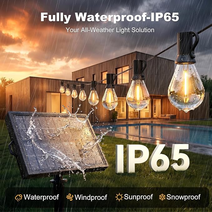 100FT Solar String Lights Outdoor, IP65 Waterproof Shatterproof Dimmable LED Bulbs, Solar & USB Powered, 20+ Hrs Long Lasting, Hanging Lights for Outside Patio, Backyard, Garden, Wedding, Party Decor