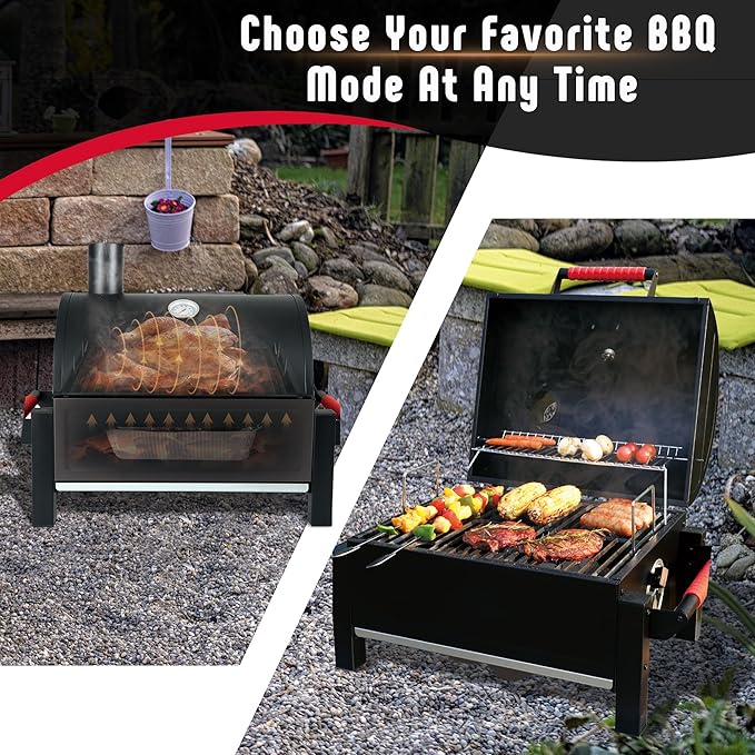 Feasto Portable Tabletop Charcoal Grill, 354 Sq.In Cooking Area with Cast Iron Grates & Temp Gauge, Small BBQ Grill for Camping, Picnic, RV, Outdoor Patio, Grey