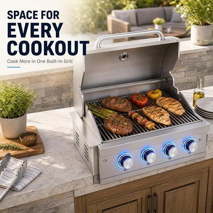 4 Burner Built in Gas Barbecue Grills & Tri-Fuel, 28in Drop-in Propane & Natural Gas Grill Combo with Rear Burner, 48,400 BTUs Stainless Steel Charcoal BBQ Grill for Outdoor Kitchen Island Patio
