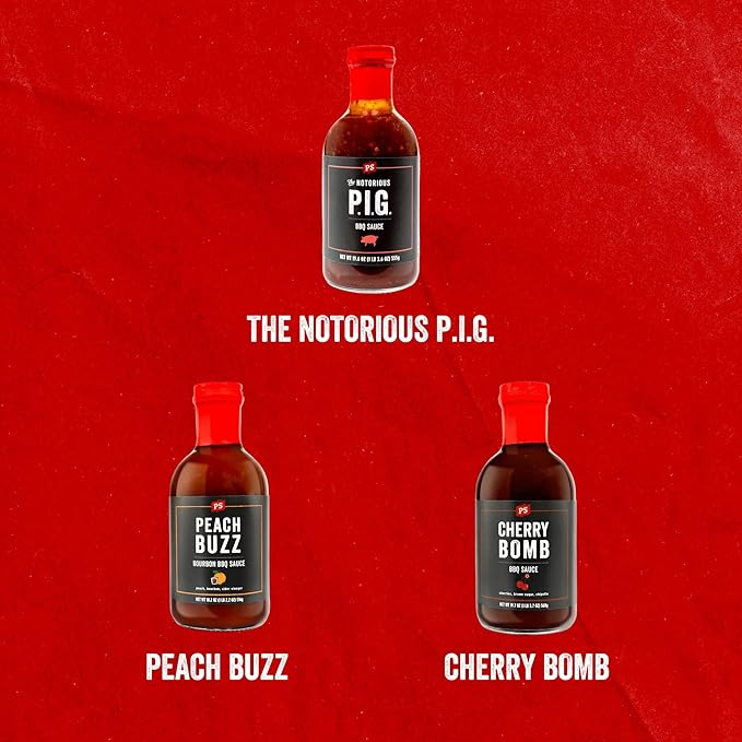 PS Seasoning Sweet Spicy BBQ Sauce Variety 3 Pack - Peach Buzz, Cherry Bomb, and Notorious PIG Gourmet Barbecue Sauce Set for Grilling Cooking Marinades Glazing Gift Pack Premium Flavor Collection