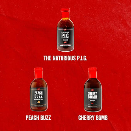 PS Seasoning Sweet Spicy BBQ Sauce Variety 3 Pack - Peach Buzz, Cherry Bomb, and Notorious PIG Gourmet Barbecue Sauce Set for Grilling Cooking Marinades Glazing Gift Pack Premium Flavor Collection