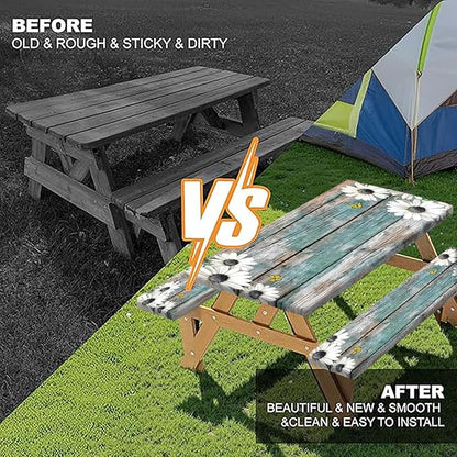 Daisy Flowers Picnic Table Cover with Bench Covers and Bag, Camping Essentials, Wooden Grain Waterproof Windproof, Fitted Tablecloth Cover with Elastic Edge, for Indoor & Outdoor, 3 PCS, 30x72 Inch