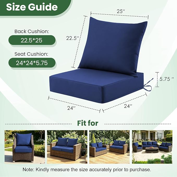 Patio Cushions for Outdoor Furniture, 24x24 Outdoor Couch Cushions, Waterproof & Fade-Resistant Patio Chair Cushions with Removable Cover, Replacement Outdoor Deep Seat Cushion, Navy Blue (Set of 6)