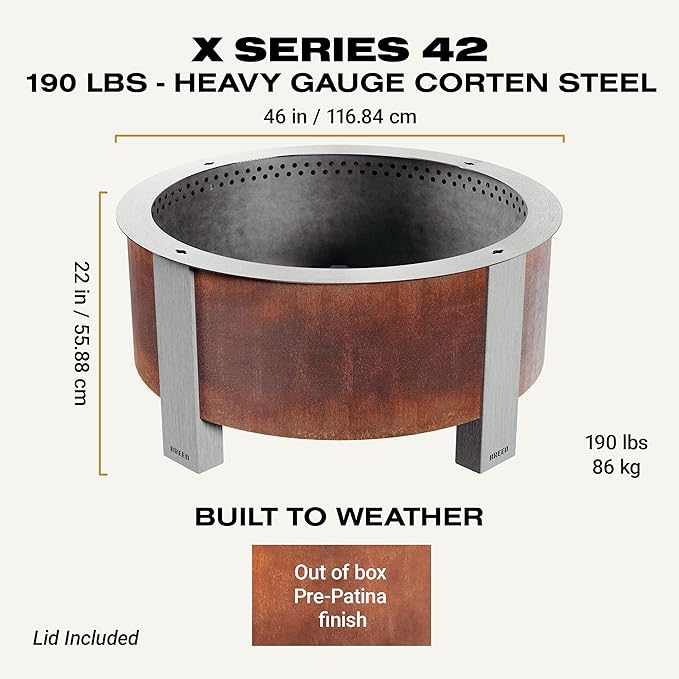 Breeo Smokeless Fire Pit (X Series 42, Corten Steel, Lid Included) | 46 inch Smokeless Firepit for Outside | 190 Pounds | Ideal for Large GatheringsCompatible with Wide Range of Breeo Accessories