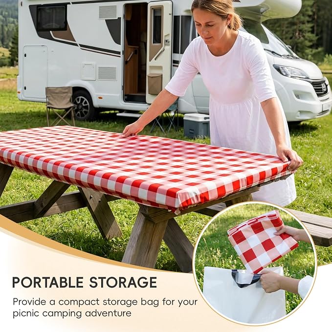 SquarePie Picnic Table Cover with Bench Covers - Waterproof Fitted Elastic Tablecloth for 6 FT Tables - Washable Polyester Camping Table Cloth for Outdoor Patio RV BBQ (Red Checkered, 30"x72")