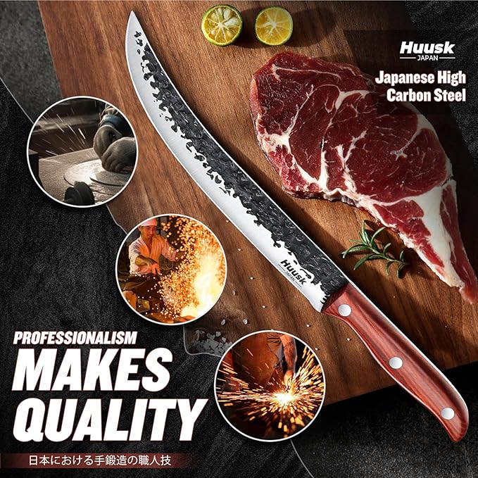 Huusk Breaking Knife for Meat Cutting, Hand Forged Butcher Knife with Sheath, Ergonomic Wooden Handle Japanese Cimeter for BBQ 8 Inch Gift for Dad