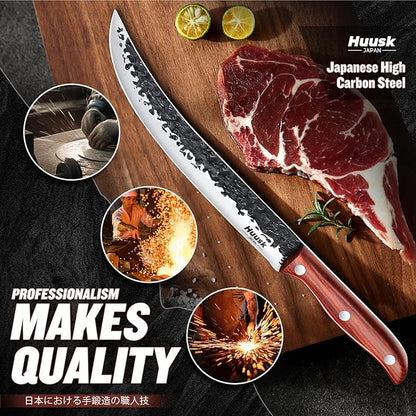Huusk Breaking Knife for Meat Cutting, Hand Forged Butcher Knife with Sheath, Ergonomic Wooden Handle Japanese Cimeter for BBQ 8 Inch Gift for Dad