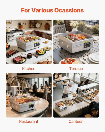 VEVOR 14" Commercial Electric Griddle,110V 1500W Electric Countertop Griddle Non-Stick Restaurant Teppanyaki flat top Grill Stainless Steel 122°F-572°F Adjustable Temperature Control(No Plug)