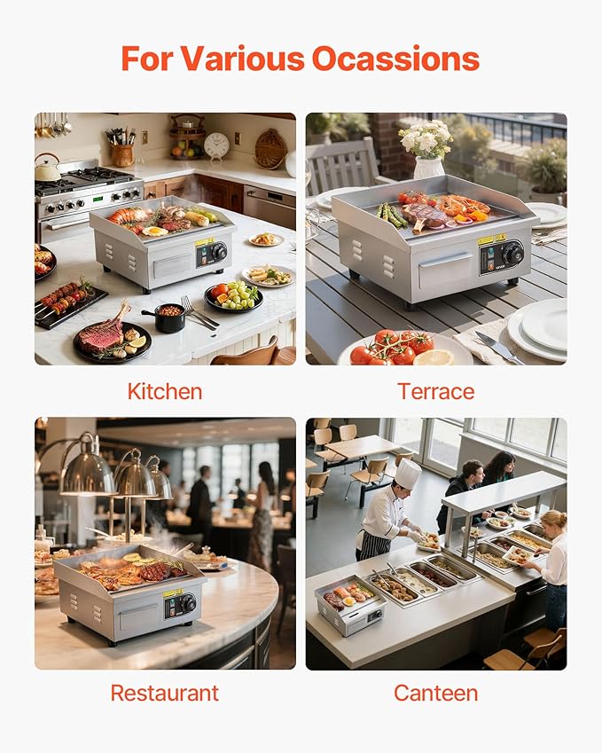 VEVOR Commercial Electric Griddle, 13.98 x 11.81 inch, 1750W, 122-570°F Adjustable Temp Control, Stainless Steel Countertop Flat Top Grill with 2 Spatulas and 2 Brushes, for Steak, Pancake, Squid