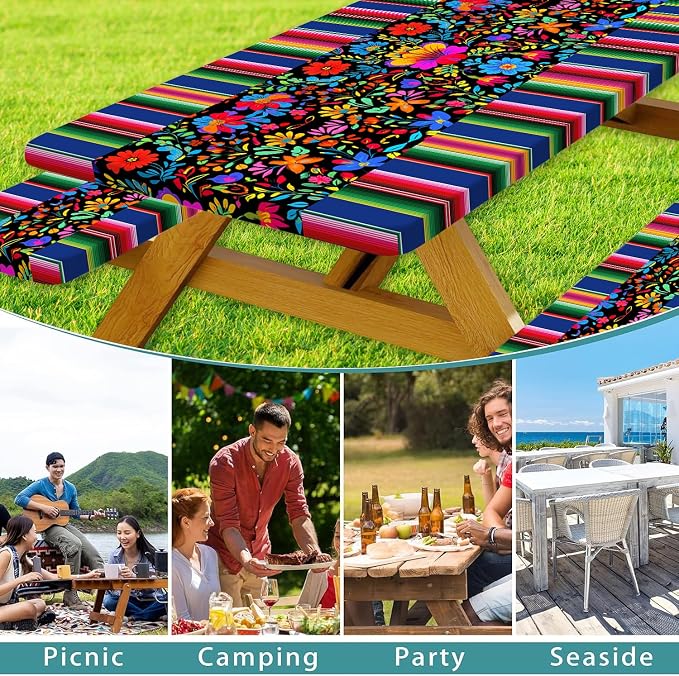 Mexico Picnic Table Cover with Bench Covers and Bag, Camping Essentials, Cinco De Mayo Fiesta Stripes Table Cloth Waterproof Fitted Tablecloth Cover with Elastic Edge for Outdoor 3 PCS 30x60 Inch