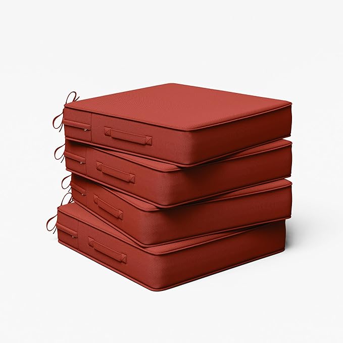Outdoor Chair Cushion 19 x 19 x 4 Inches Patio Furniture Outdoor Waterproof Seat Cushion, Patio Chair Cushion with Handles and Ties, Square Dining Chair Cushion Set of 4, Terra Red