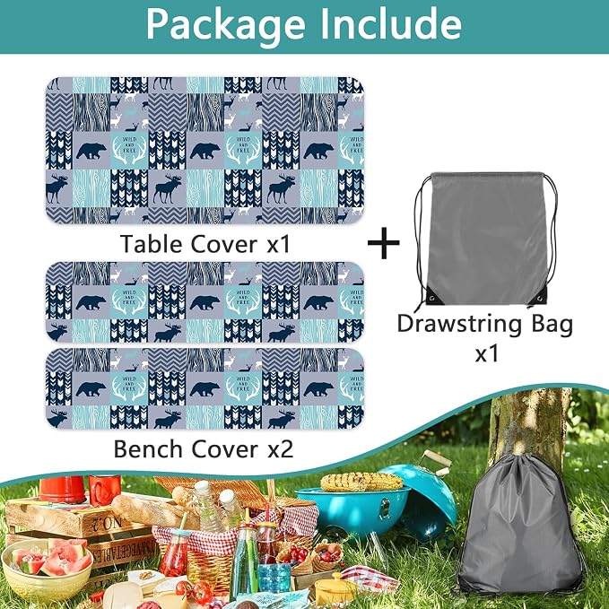 Picnic Table Cover with Bench Covers, Camping Essentials, Rustic Cabin Deer Bear Stripes Waterproof Windproof Patio Table Cover, Fitted Tablecloth Cover with Elastic Edge for Outdoor 3 PCS 30x96 Inch
