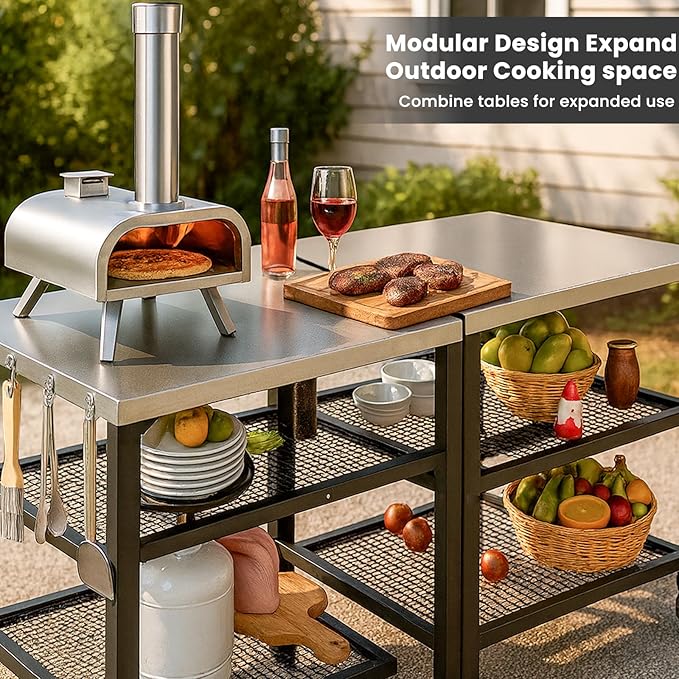 Pizza Oven Table for Ninja Woodfire, Blackstone, Cuisinart, 32x24 Inch Stainless Steel Outdoor Grill Prep Cart with Hooks, Portable Food Station