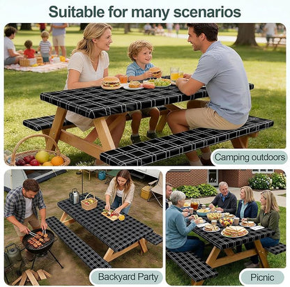 Picnic Table Cover Bench Covers Camping Essentials Tablecloth | Waterproof Vinyl for Outdoor, Windproof Elastic Fitted Edges, RV BBQ Accessories Must Haves, Storage Bag Included
