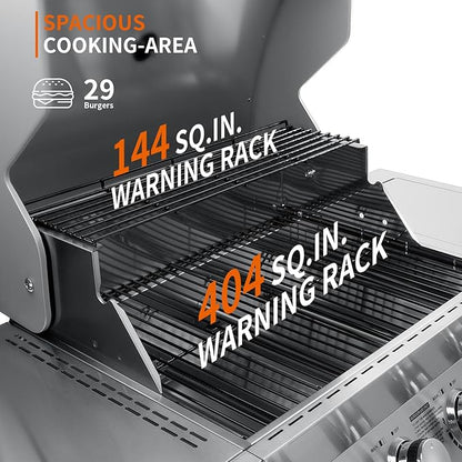 SKOK 4-Burner Propane Gas BBQ Grill with Side Burner & Porcelain-Enameled Grilling Grates,Stainless Steel Grill with 544 Sq. In. Grilling Area for Outdoor Cooking,58,000 BTU Output